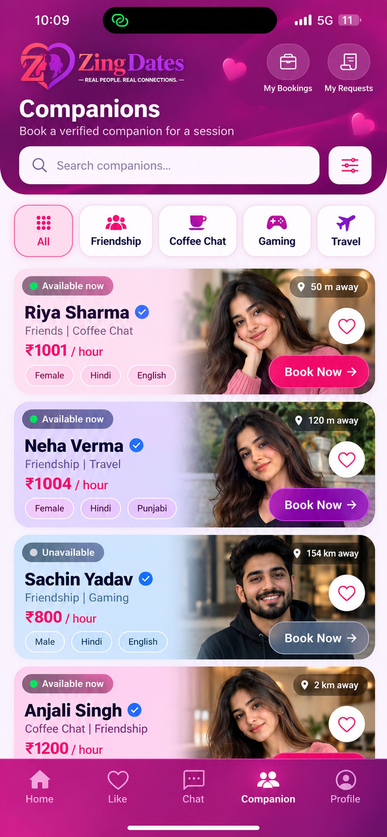 ZingDates app — Companions screen