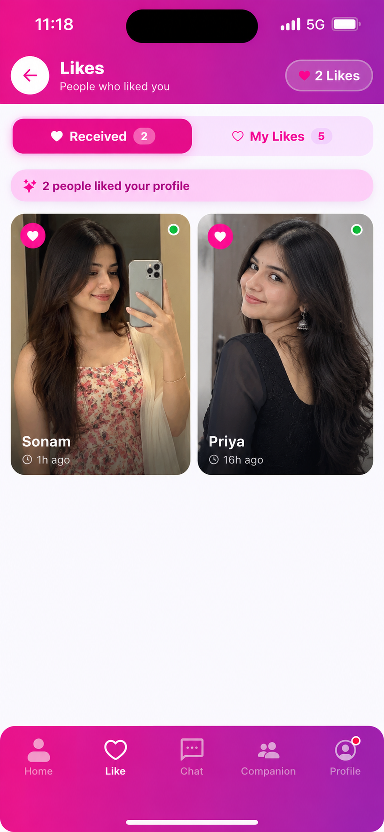 ZingDates app — Likes screen