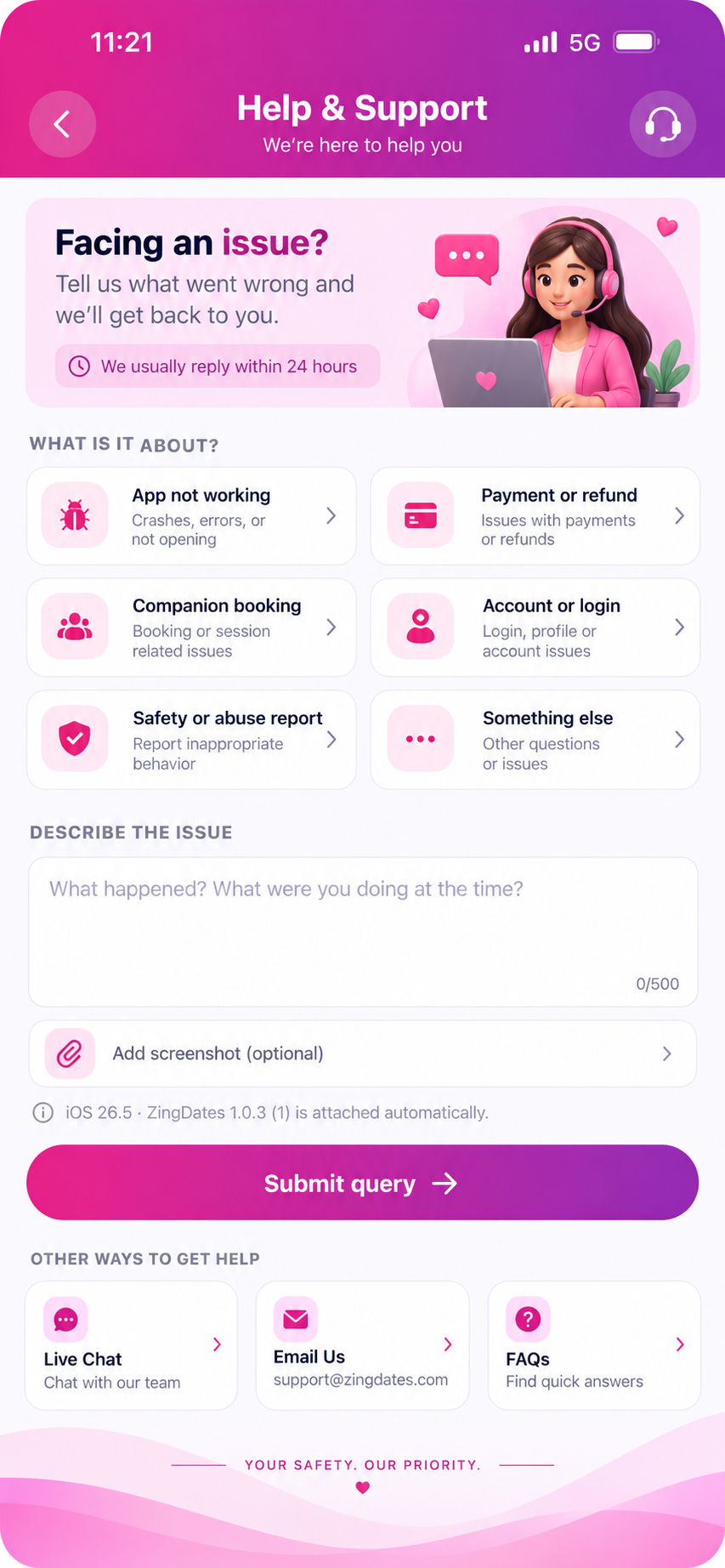 ZingDates app — Support screen